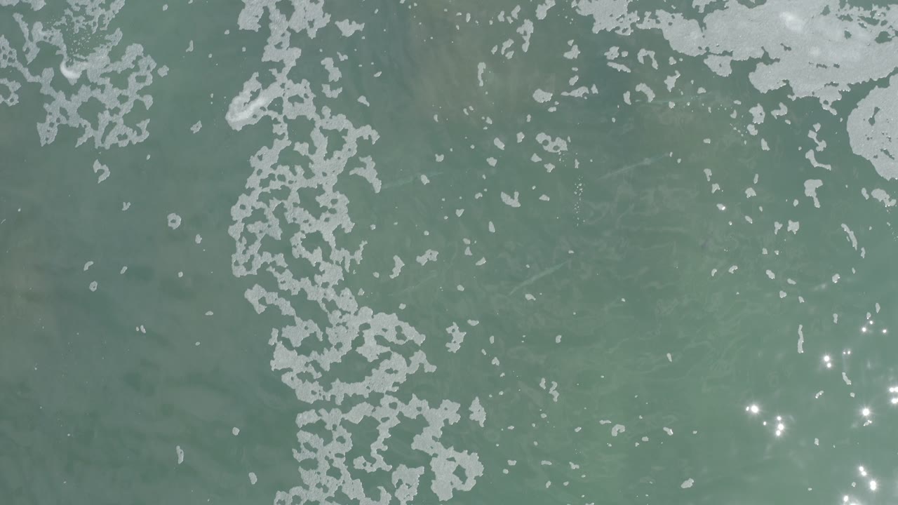 Overhead view of green ocean water in Los Cabos, Mexico, with a vertical band of white foam along the left side and no visible people.