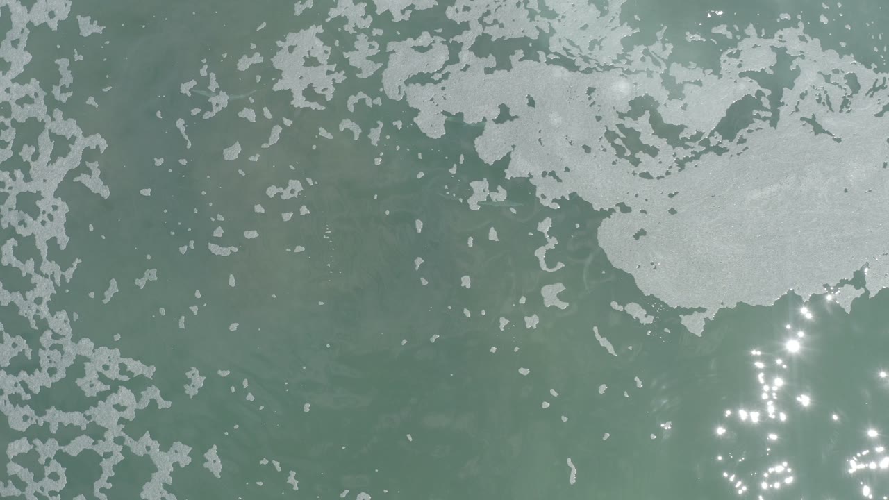 Overhead view of green water in Los Cabos, Mexico, with pale foam across the top and bright sun glints near the lower center, with no visible people.