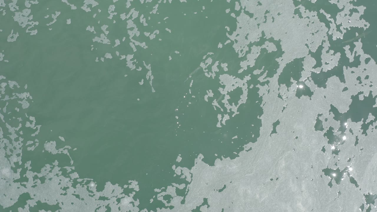 Overhead view of green blue ocean water in Los Cabos, Mexico, with pale foam scattered across the surface and no visible people.