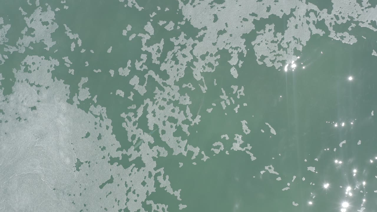 Top-down view of pale turquoise water in Los Cabos, Mexico, with white foam clusters along the upper and lower edges and no visible people.