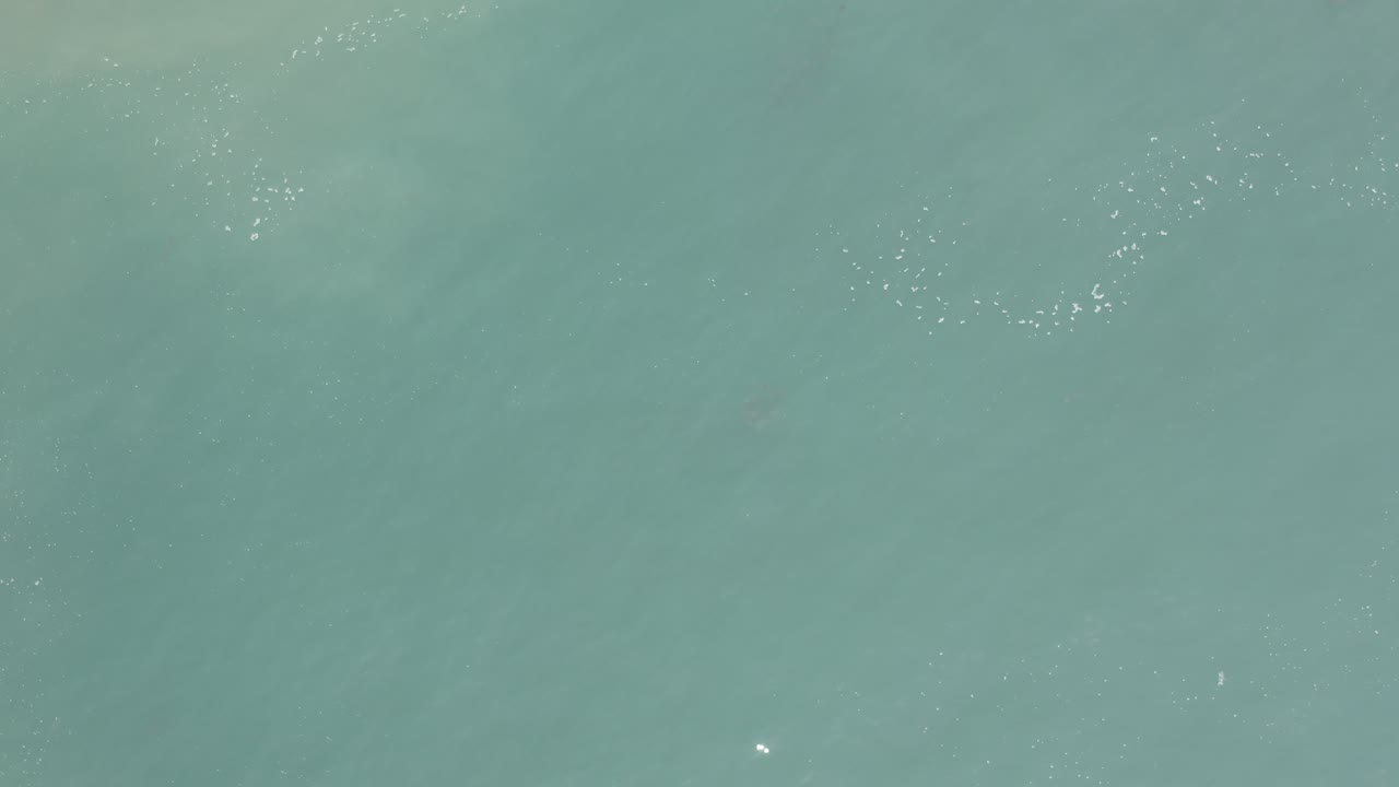 Overhead frame of green-blue ocean water in Los Cabos, Mexico, with faint foam specks across the top edge and soft darker patches below the surface, no visible people.