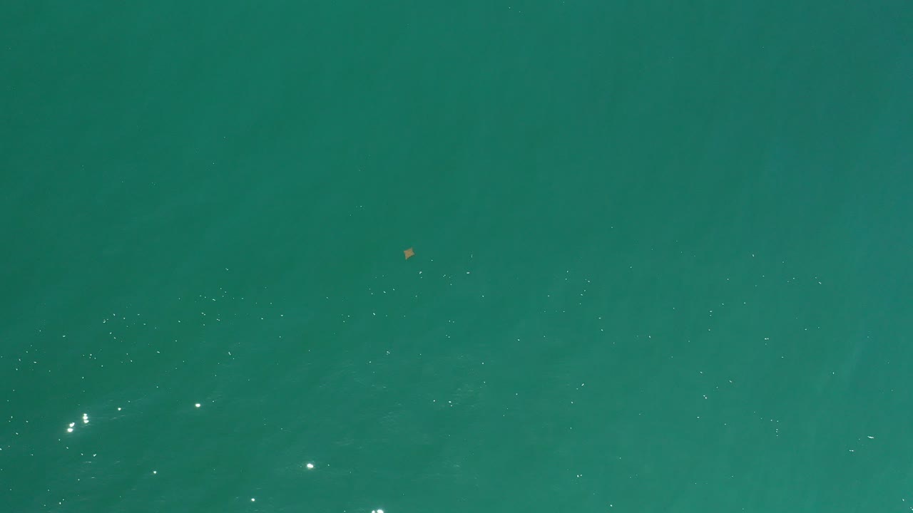 Turquoise ocean water in Los Cabos with faint surface texture, small sun glints, a tiny brown object near the upper left area, and no visible people.