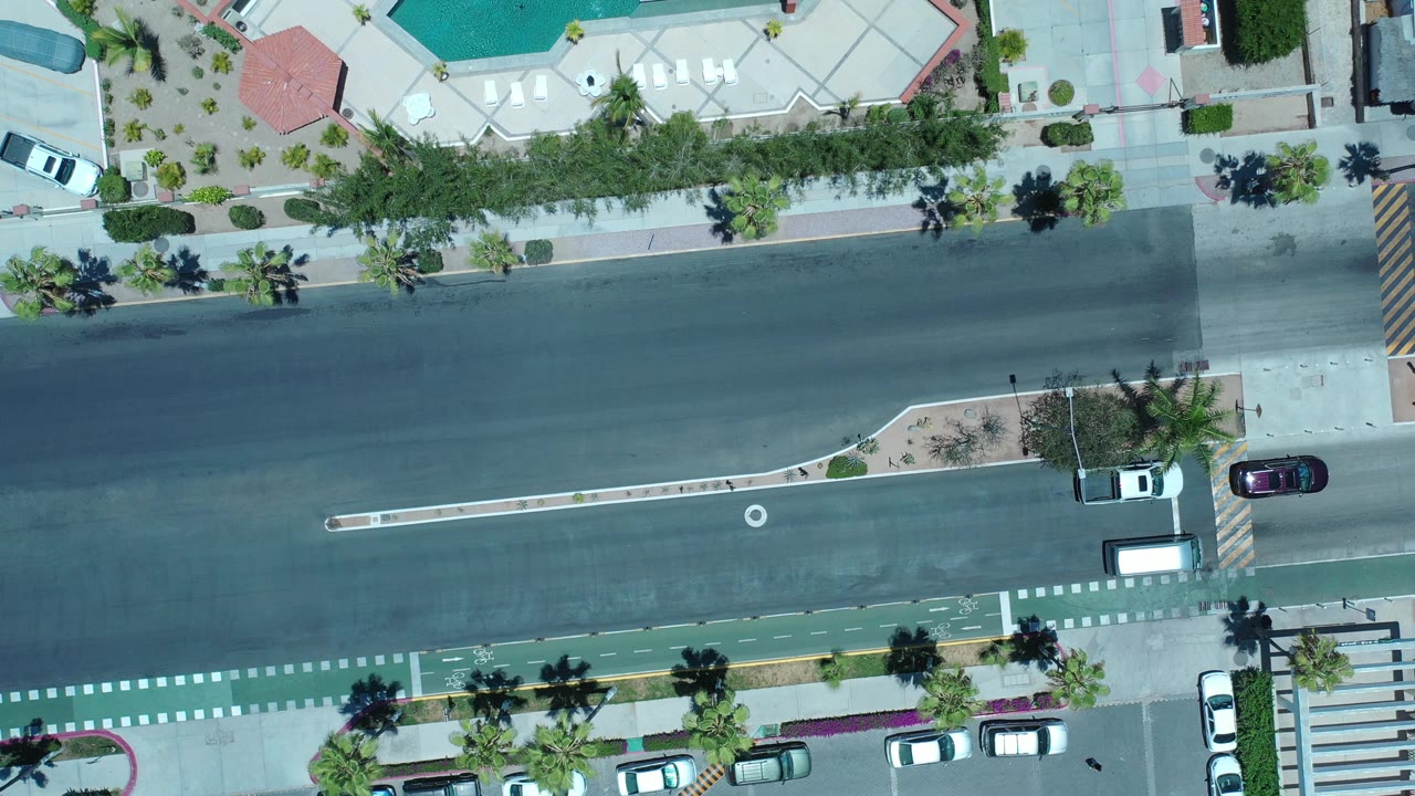 Top-down view of a road beside homes, palms, parked cars, and a pool deck.