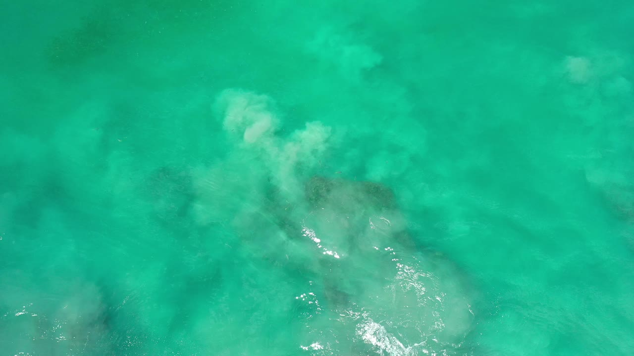 Overhead turquoise water with pale cloudy areas and darker submerged forms.