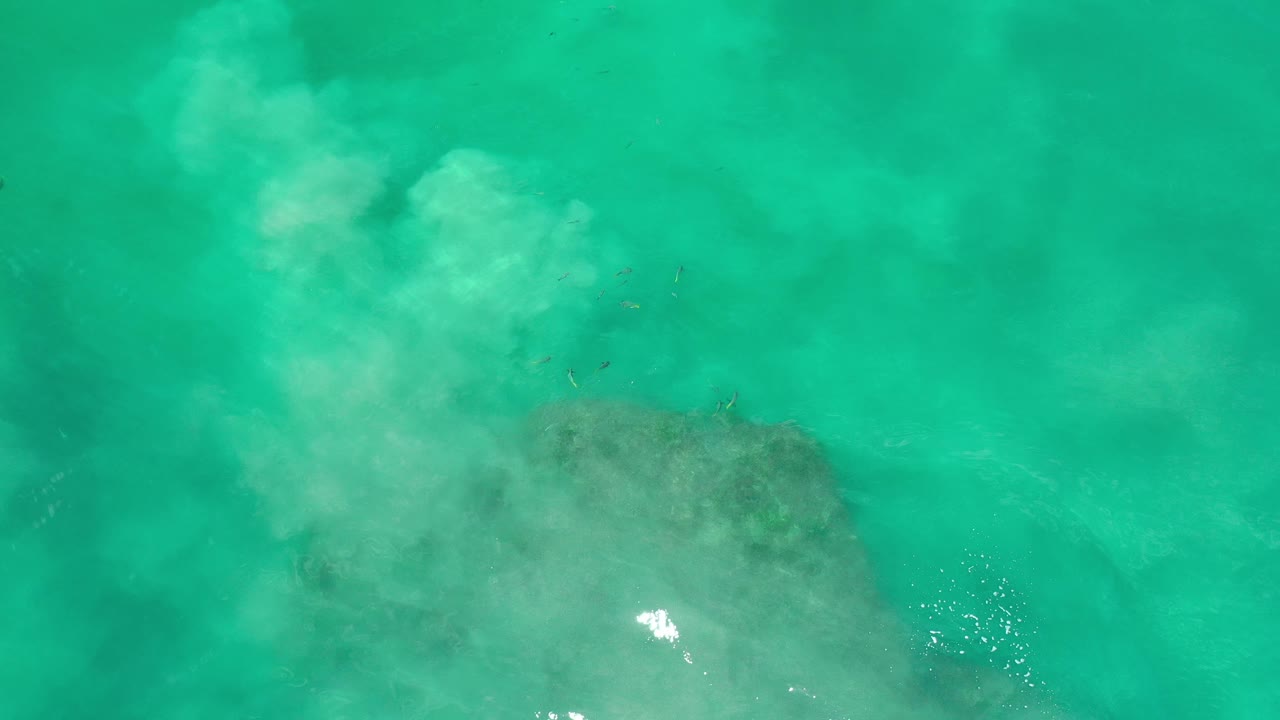 Bright turquoise-green water with foam-like clouding and sun sparkle.