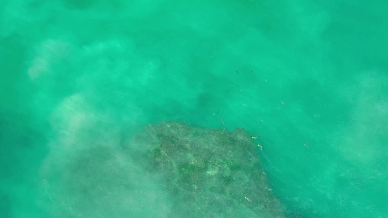 Aerial Los Cabos water view with a darker rock patch partly obscured by milky foam and green-blue water, no visible people.