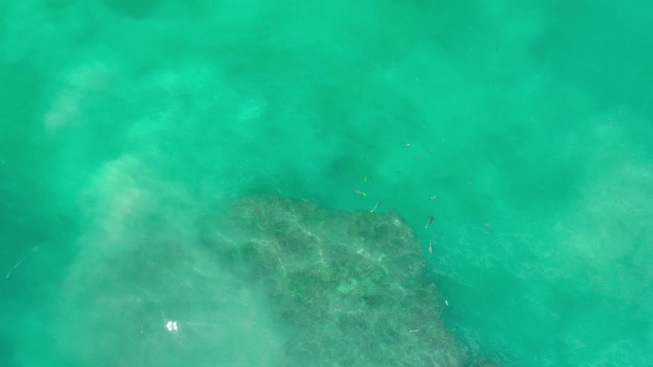 Green ocean water with foam over a broad submerged rock