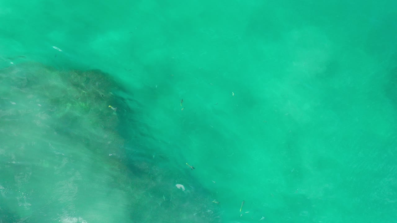 Overhead view of turquoise water in Los Cabos with a dark submerged rock shelf near the lower left and no visible people.