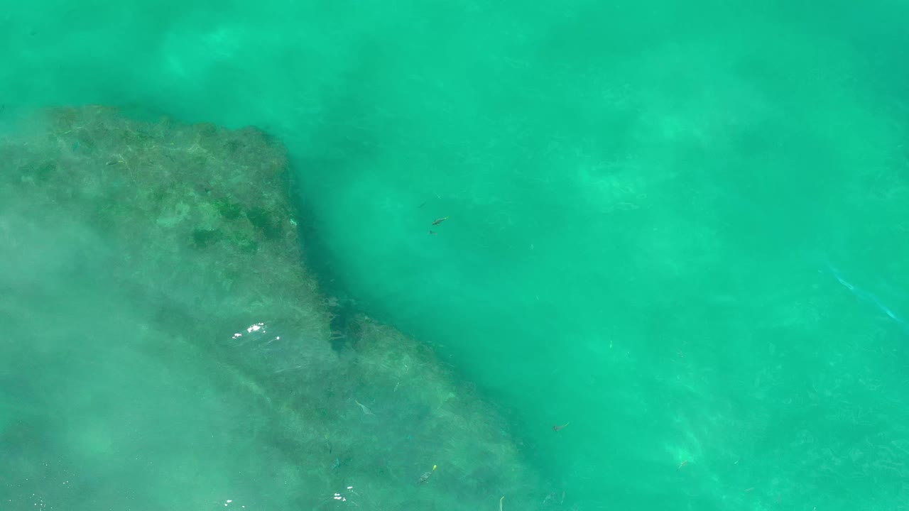 Overhead frame in Los Cabos, Mexico showing a large submerged rock ledge under green-blue water, with small bright sun glints and no visible people.