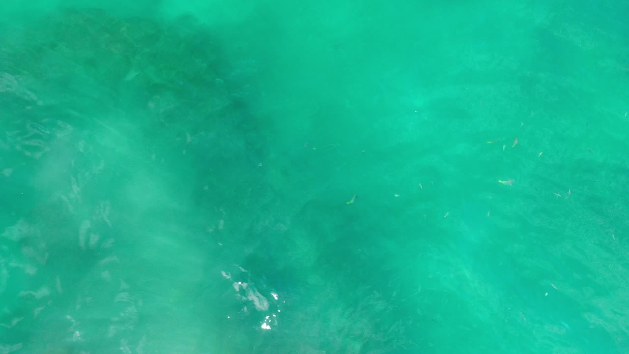 Opening underwater frame from Los Cabos, Mexico, showing clear green water, faint small fish, a shadowed rocky bottom, and no visible people.