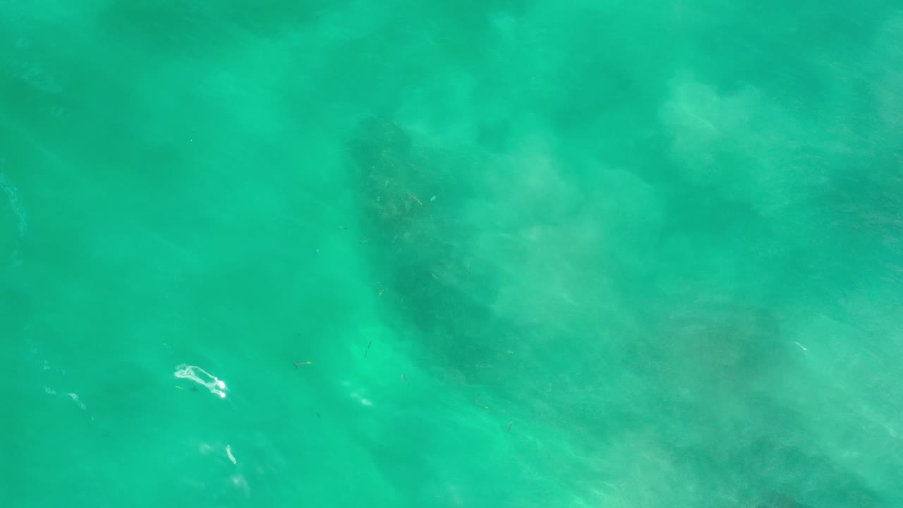 Overhead view of green water in Los Cabos, Mexico, with cloudy underwater patches, a small bright surface streak near the left side, and no visible people.