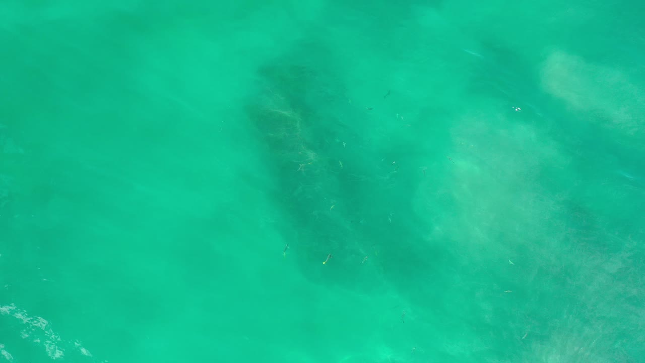 Overhead view of aquamarine shallow water in Los Cabos, Mexico, with cloudy pale sand patches and darker submerged areas, no visible people.