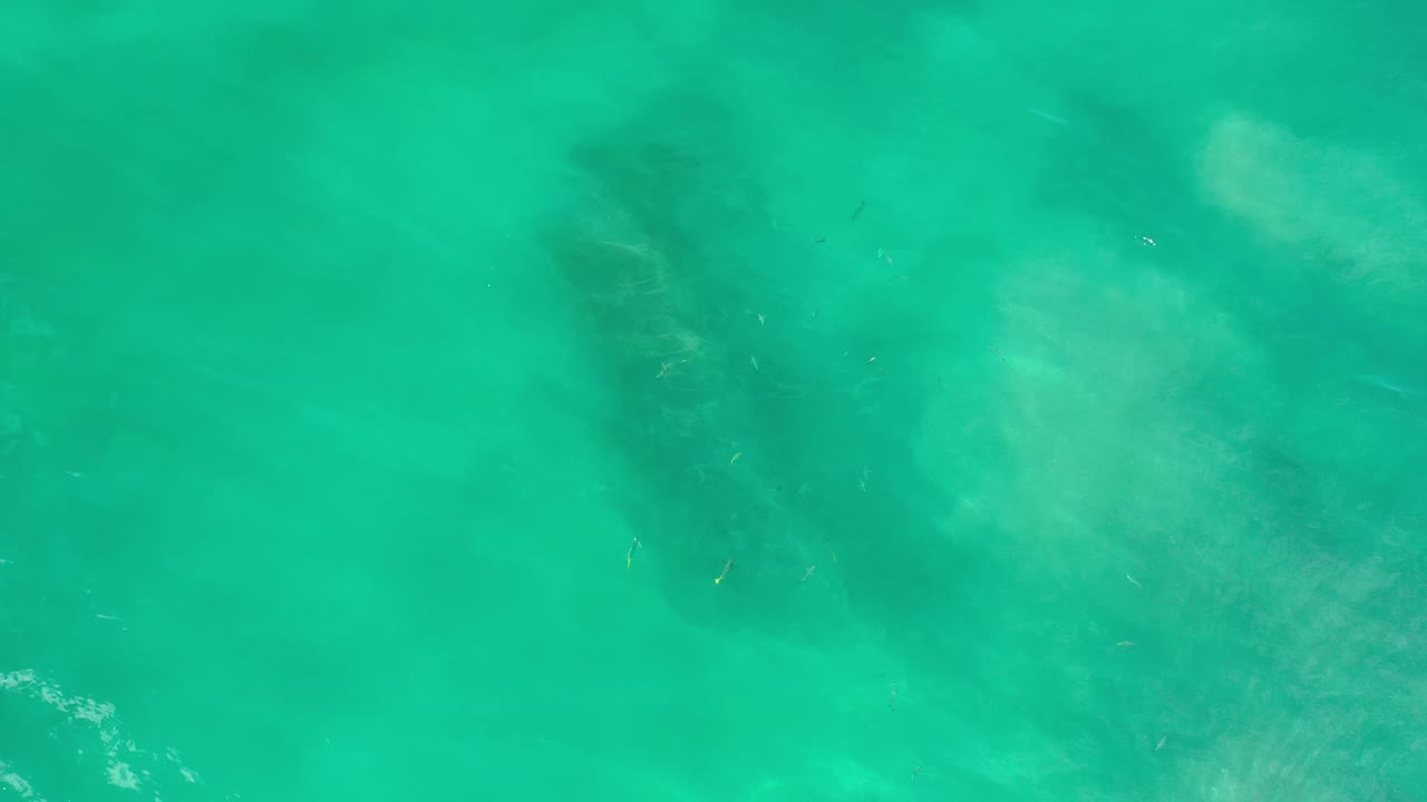Overhead frame of turquoise water in Los Cabos, Mexico, with dark underwater patches shifting beneath a lightly rippled surface, no visible people.
