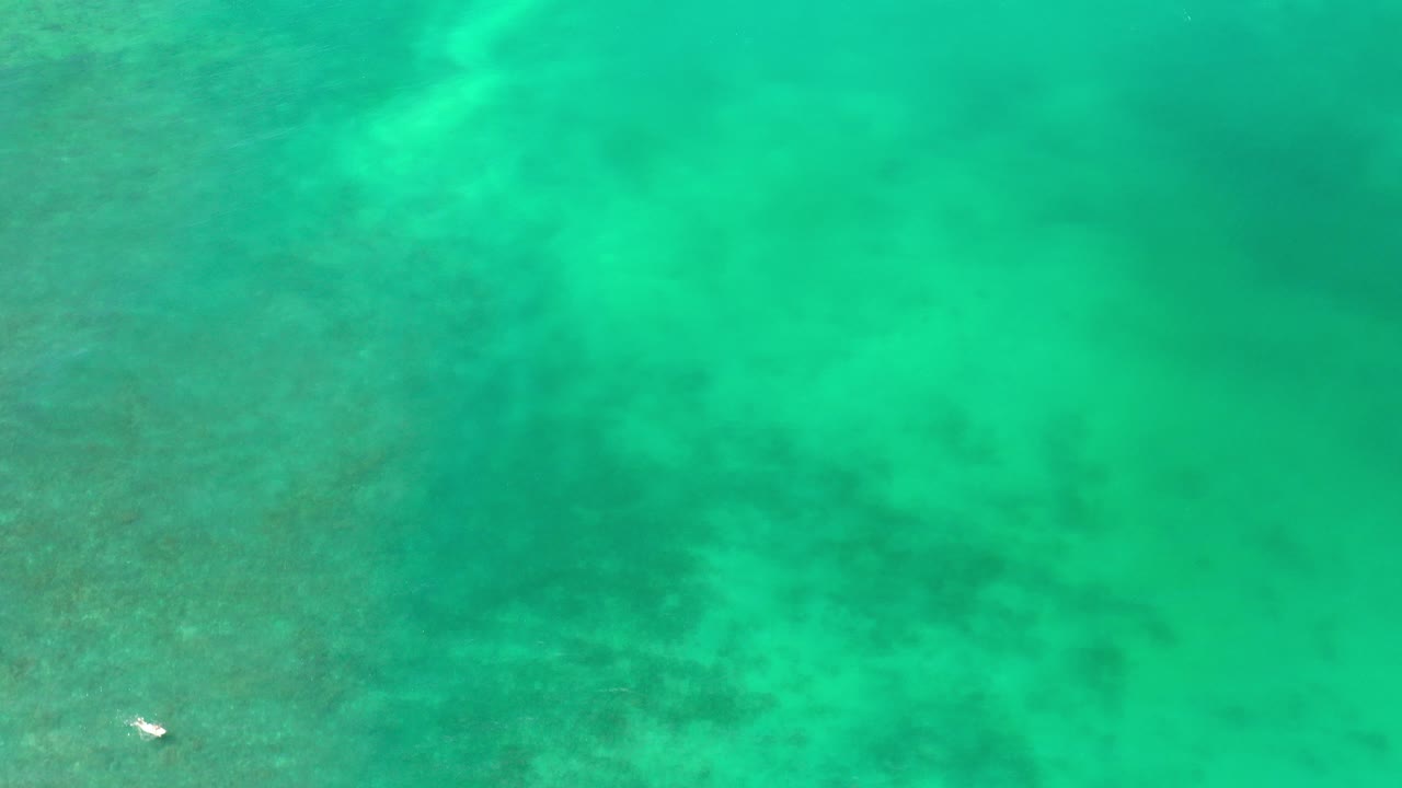 Overhead view of clear green ocean water in Los Cabos, Mexico, with darker seabed patches and no visible people.
