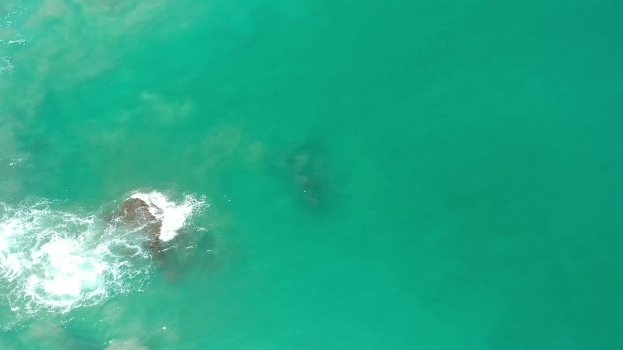 Overhead Los Cabos water view with a dark rock near center left and bright white foam spreading across the green surface, with no visible people.