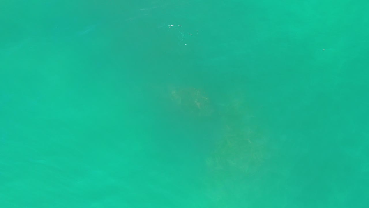 Top-down view of turquoise green sea in Los Cabos, Mexico, with faint darker patches under the water and no visible people.