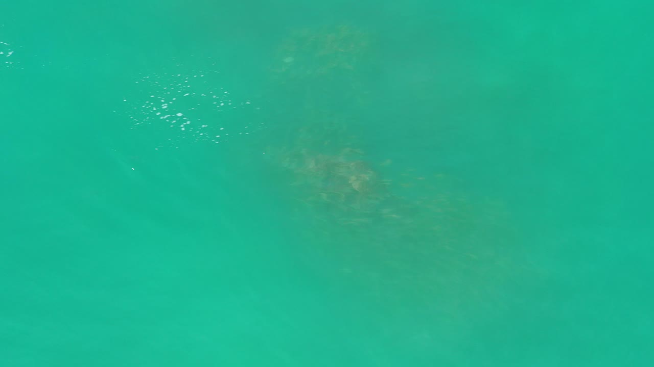 Overhead frame of green ocean water in Los Cabos, Mexico, with faint darker shapes under the surface and no visible people.