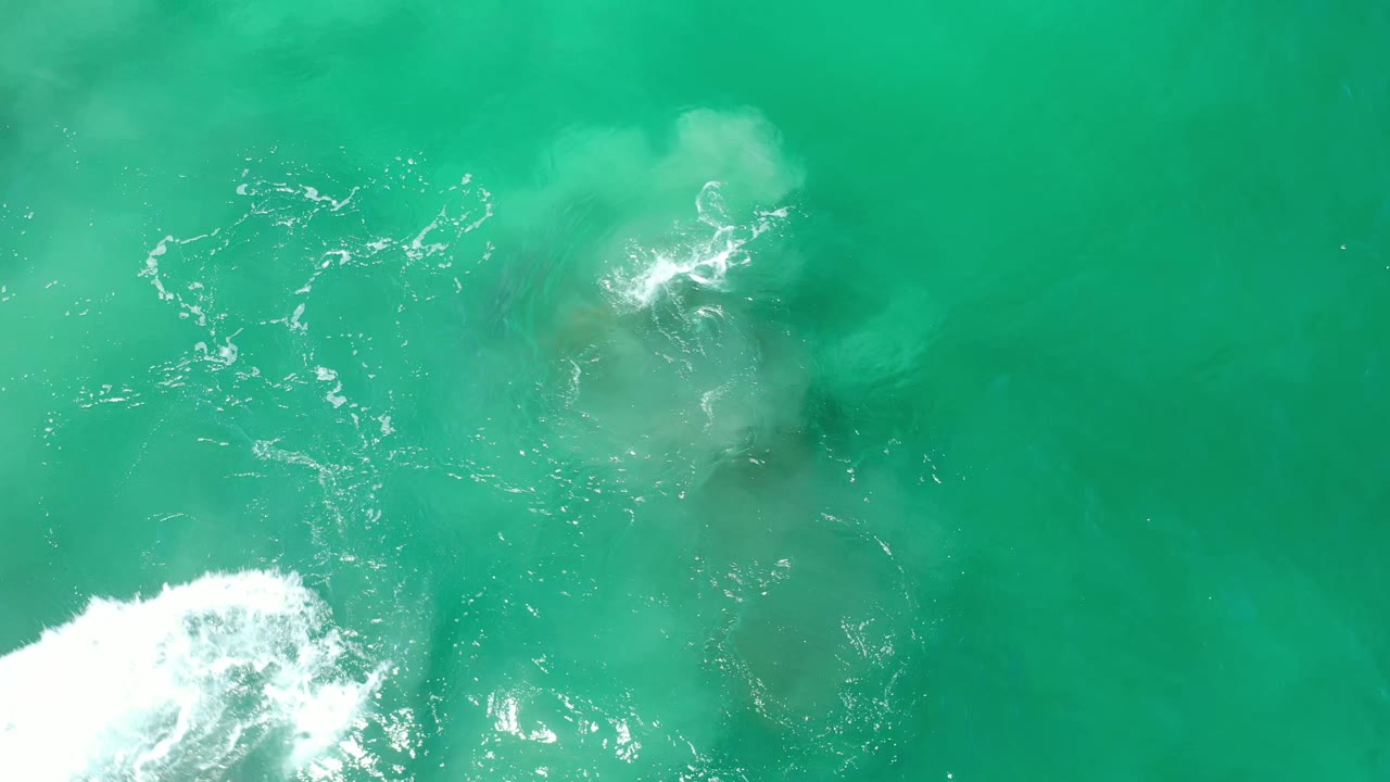 Overhead Los Cabos water frame with a bright foam patch at lower left and faint brown coral forms below the green-blue surface, no visible people.