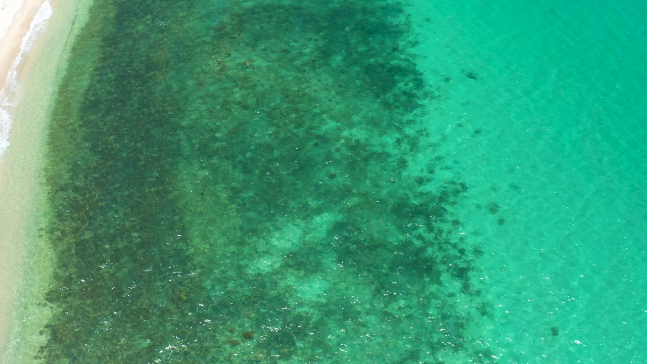 High overhead view in El Sargento La Ventana, Mexico, showing pale sand at the left edge, aqua water, dark submerged seaweed patches, small shoreline foam, and no visible people.