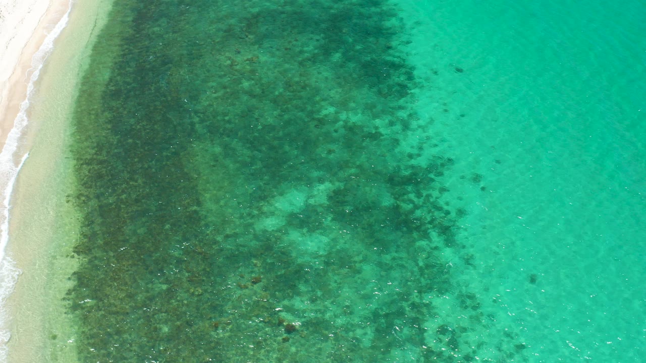 Overhead view of El Sargento La Ventana shoreline with pale sand at left, dark underwater vegetation through the center, turquoise water at right, and no visible people.
