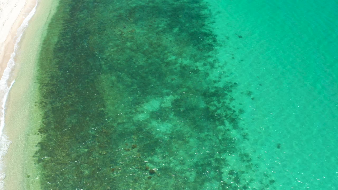 Aerial frame of El Sargento La Ventana with the surf line slightly lower on the left edge, broad dark vegetation beneath clear water, open aqua water to the right, and no visible people.