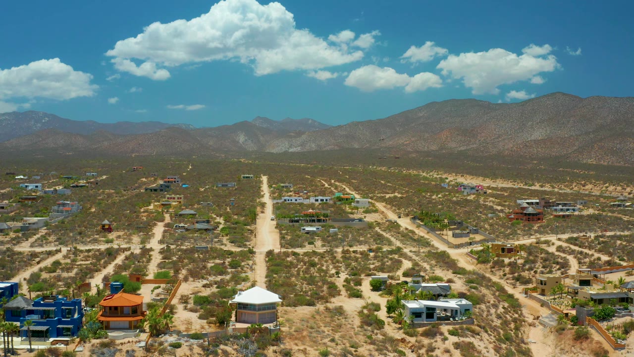 Wide aerial frame over El Sargento La Ventana with intersecting unpaved roads, scattered buildings near the foreground, open scrubland, distant ridges, and no visible people.