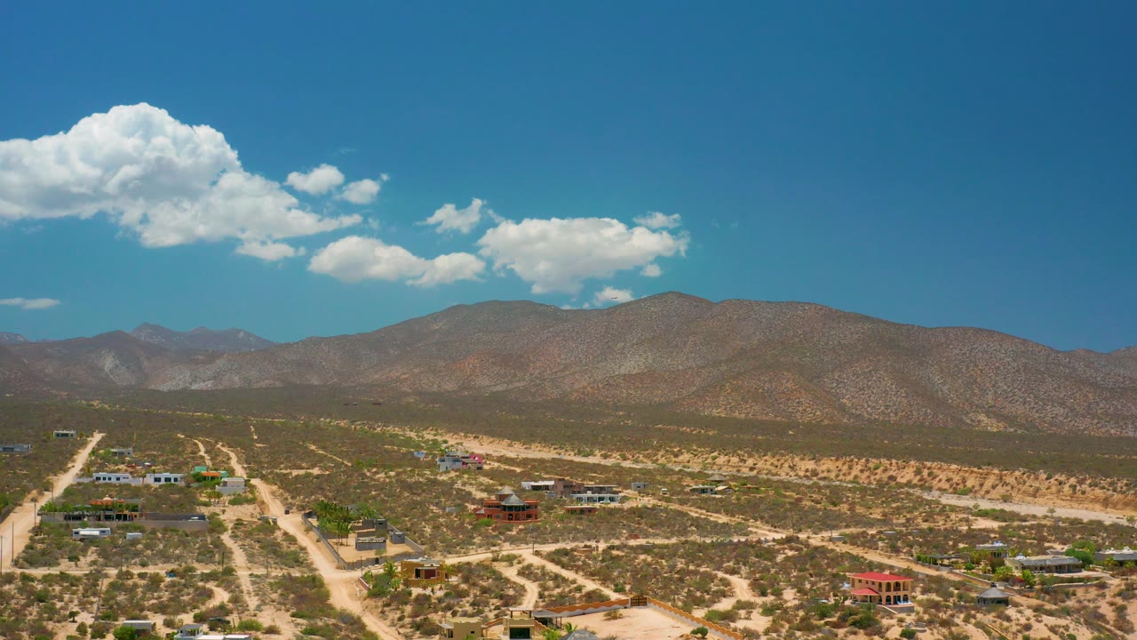 Wide aerial desert scene with houses, dirt tracks, brush, mountain range, and open sky.