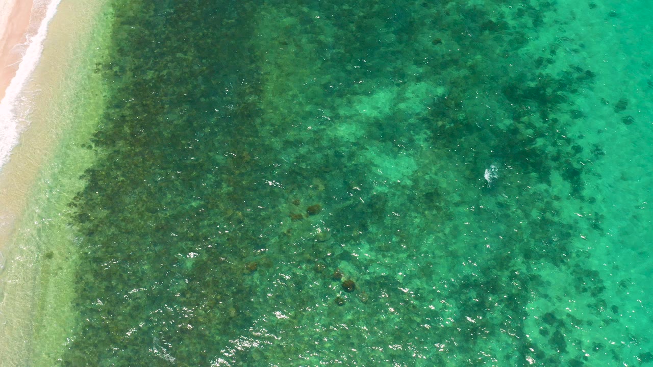 Overhead turquoise shallow water beside a sand edge