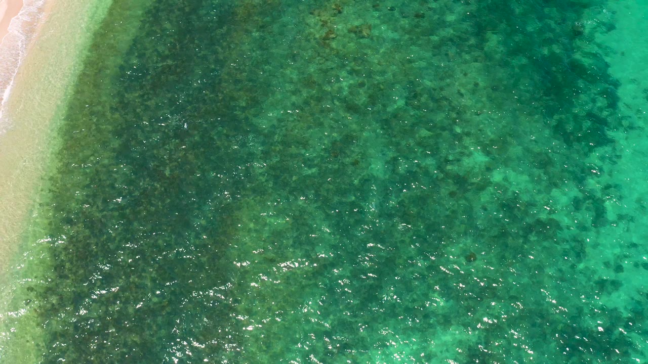 Overhead view of turquoise and green sea near El Sargento La Ventana, with a thin sand margin at left, scattered white highlights on the water, and no visible people.
