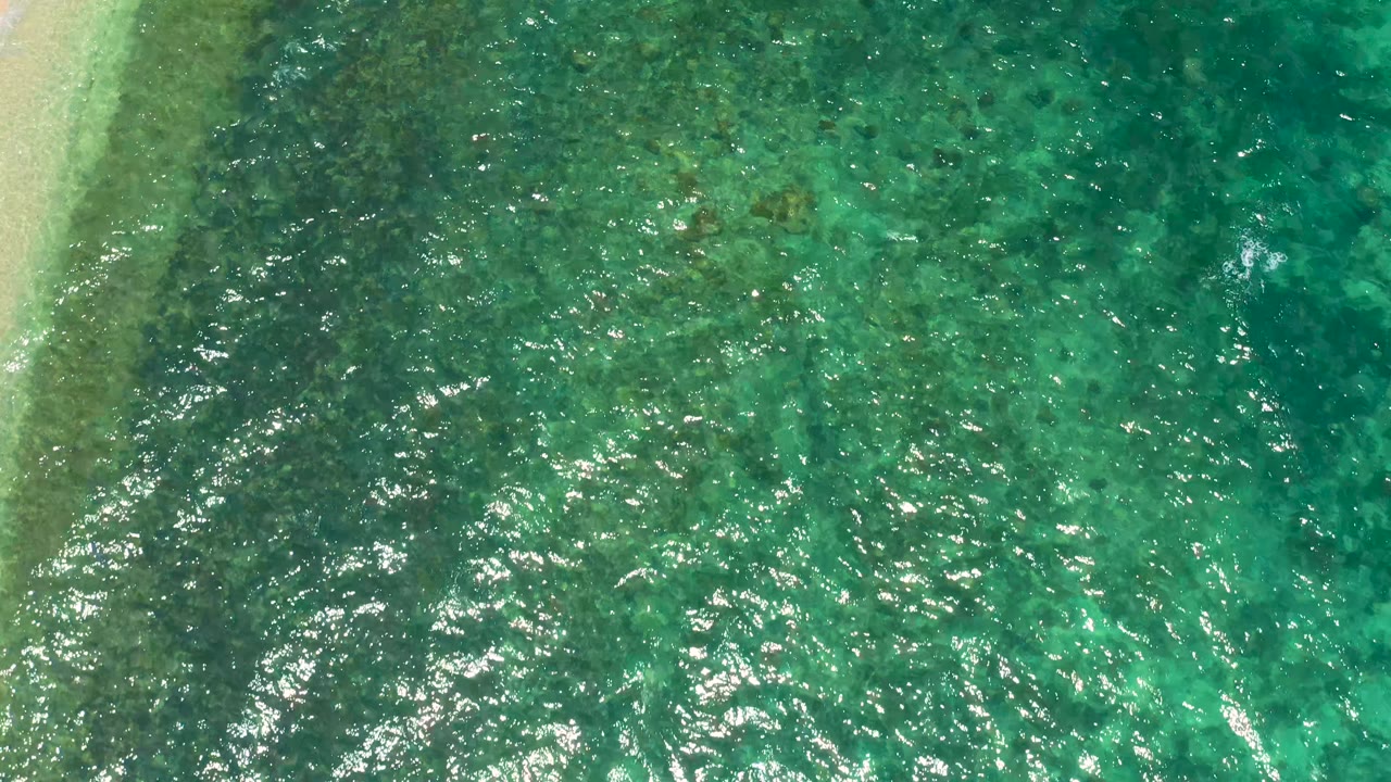 Overhead green-blue water at El Sargento La Ventana, Mexico, with bright reflections spread across small ripples and no visible people.