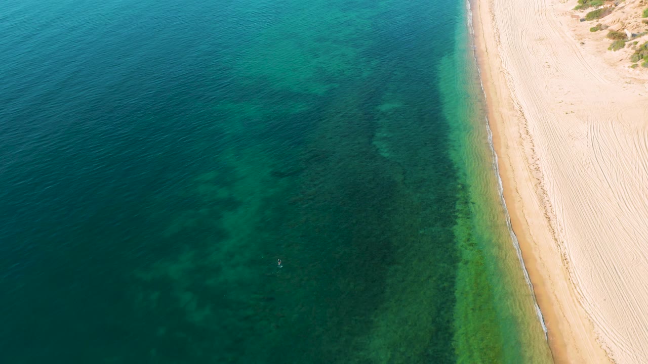 Top-down view in El Sargento La Ventana, Mexico, where dark underwater shapes spread through clear teal water beside a pale beach margin, no visible people.