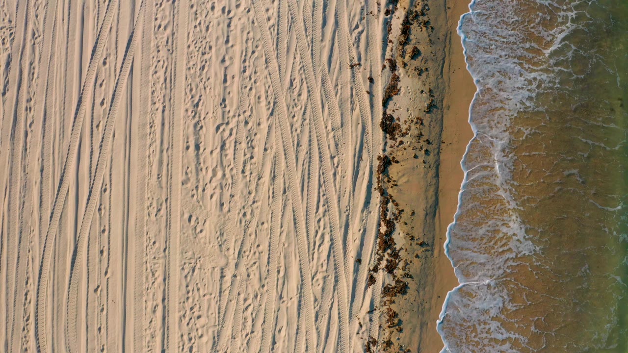 Top-down frame from El Sargento La Ventana, Mexico showing empty pale sand marked by many tracks, a ragged seaweed edge, and surf on the far right, with no visible people.