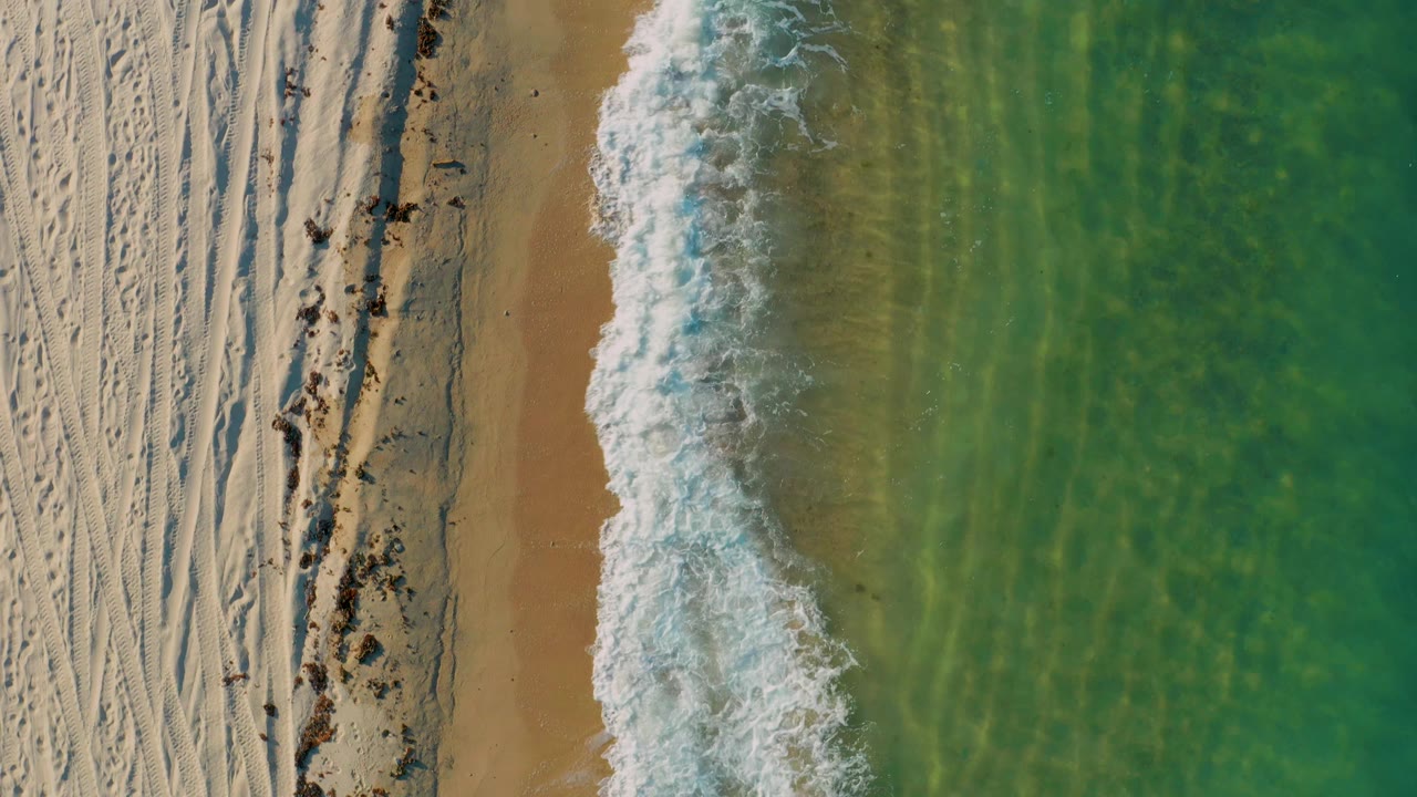 Overhead El Sargento La Ventana beach frame with empty pale sand, scattered dark natural material near the shore, a rolling white wave, green water, and no visible people.