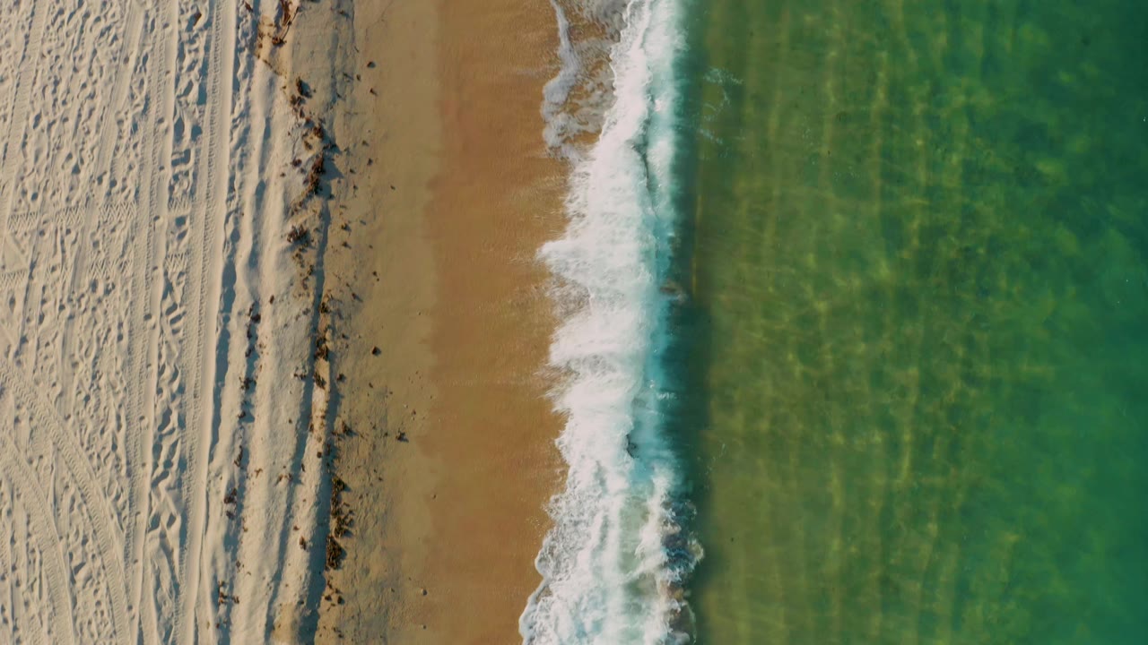 Aerial beach edge with foam line beside clear water