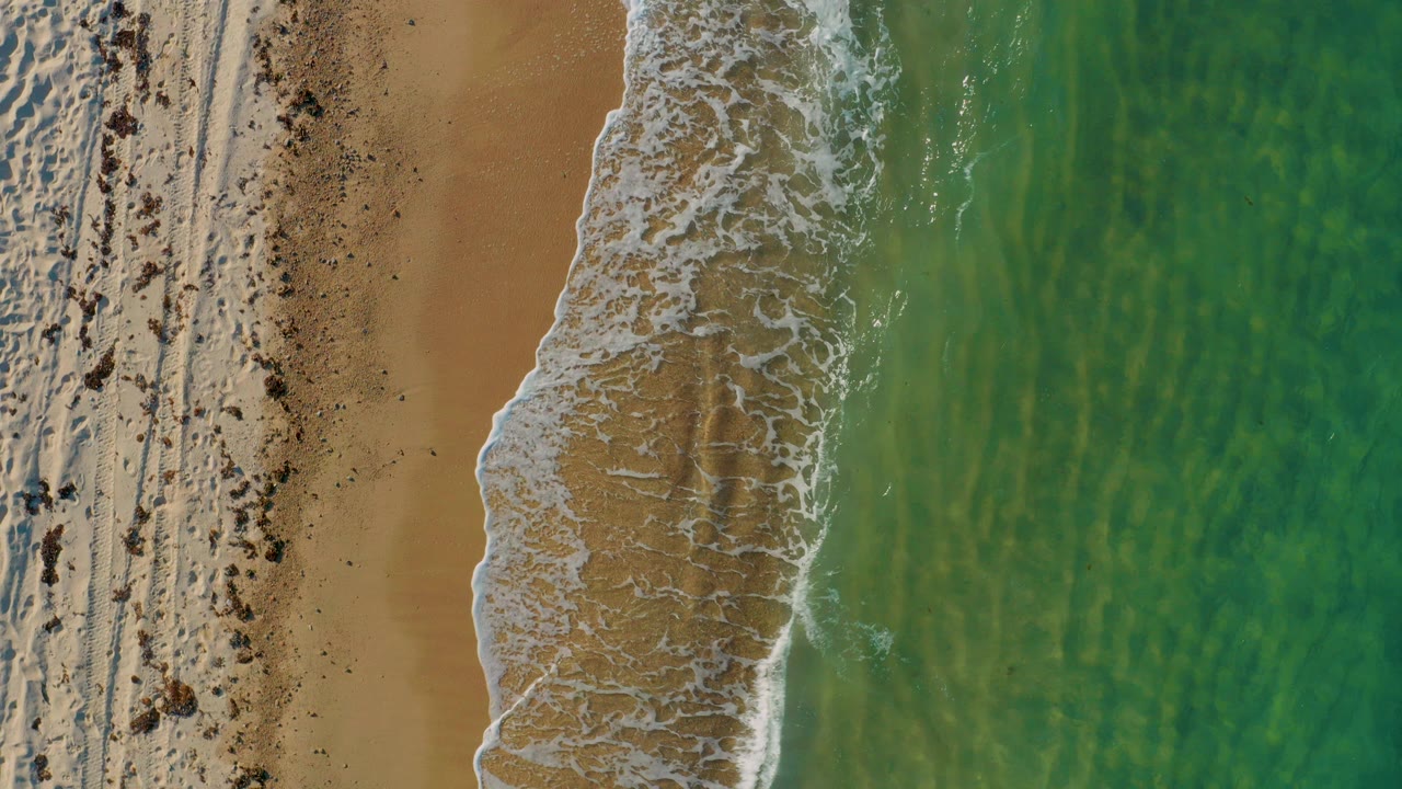 Overhead shoreline with tan sand, green water, and white surf foam.