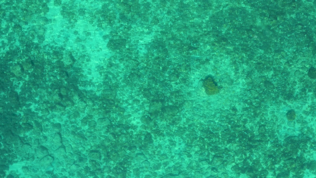Top-down clear ocean in El Sargento La Ventana, Mexico, showing uneven pale and dark seafloor patterns with no visible people.