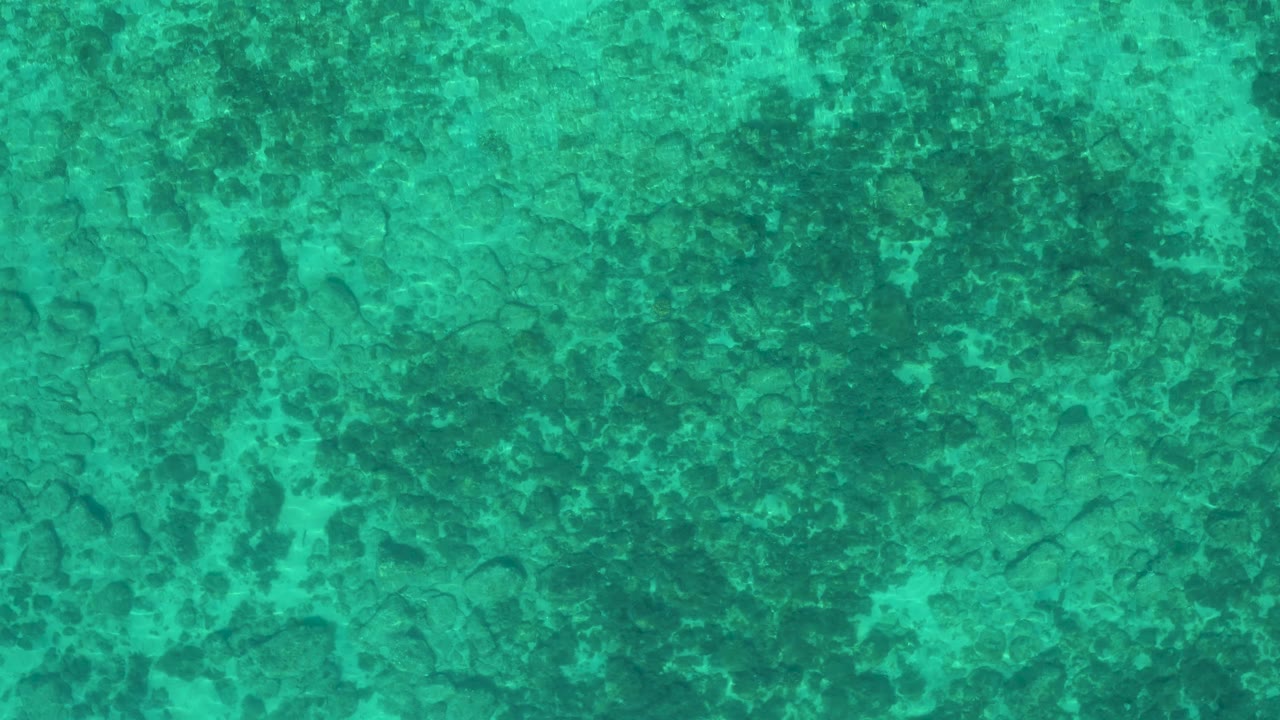 Aerial frame over turquoise green water in El Sargento La Ventana, Mexico, showing mottled dark underwater texture across the center and no visible people.