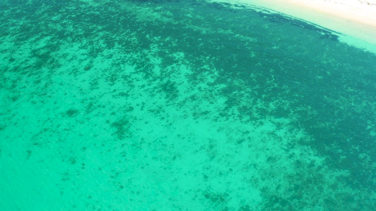 High drone view over green-blue shallow ocean at El Sargento La Ventana, Mexico, with uneven dark seabed markings and pale sand touching the top edge, no visible people.