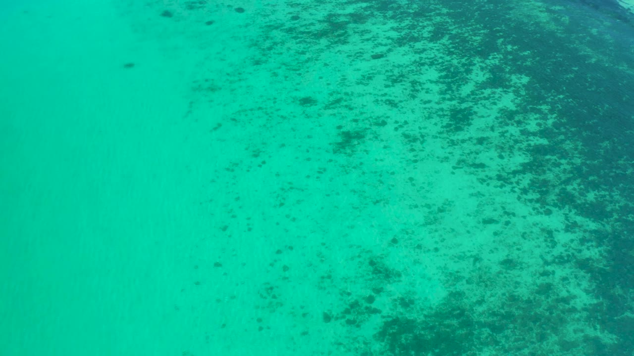 Aerial-looking frame of green ocean in El Sargento La Ventana, Mexico, with mottled darker seabed texture spread across the right half and no visible people.