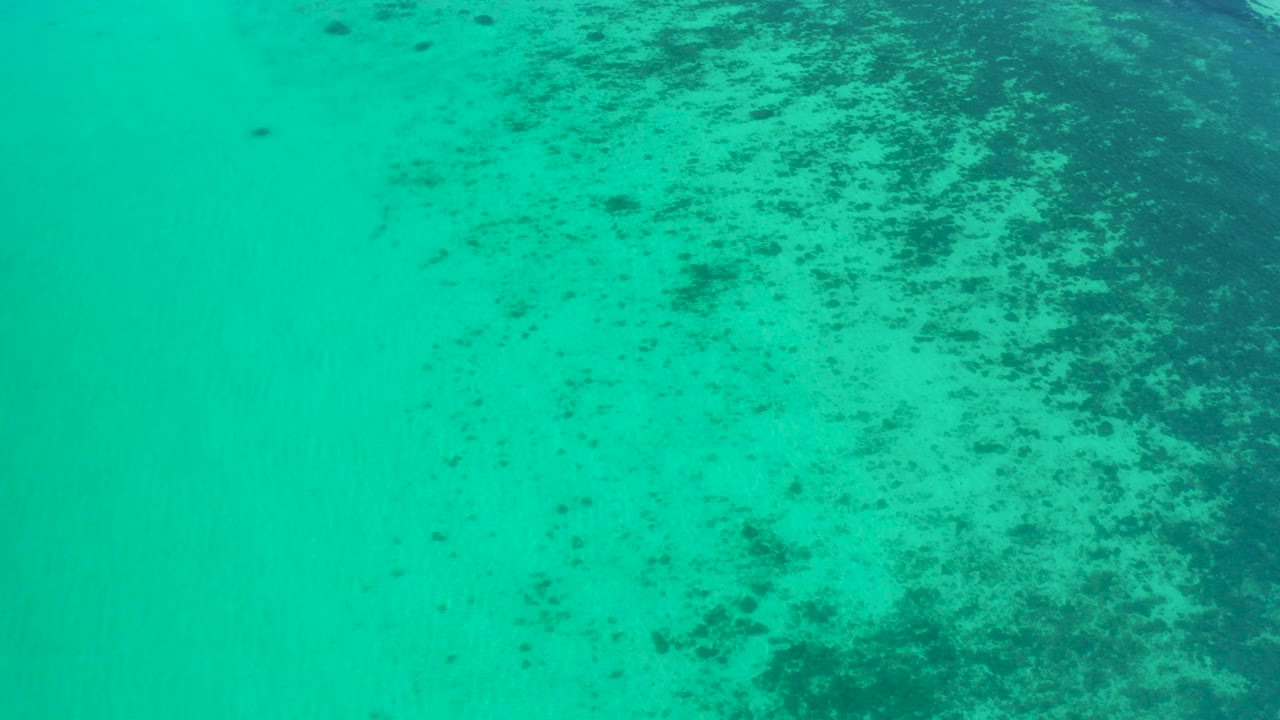 High downward view over turquoise green water in El Sargento La Ventana, Mexico, where darker reef-like or seaweed patches fill the upper and right areas, with no visible people.