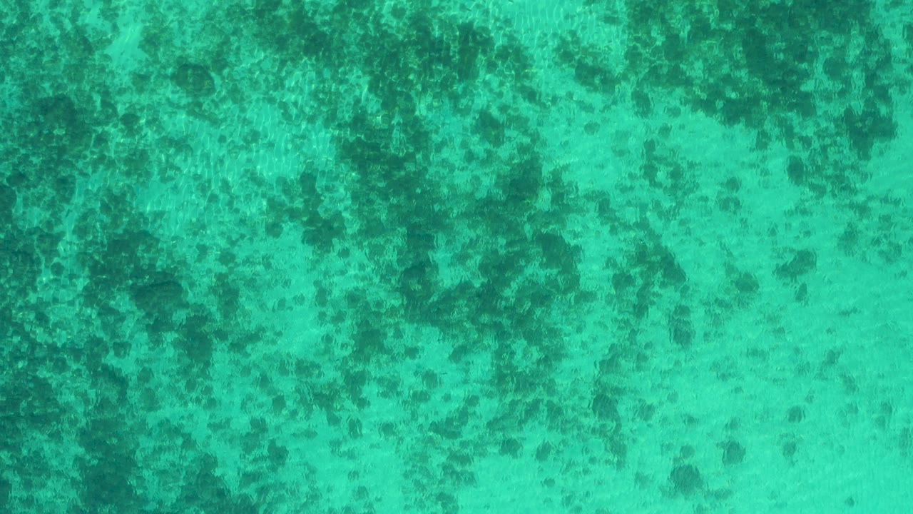 Opening overhead frame of turquoise water in El Sargento La Ventana, Mexico, with dark underwater reef patches and no visible people.