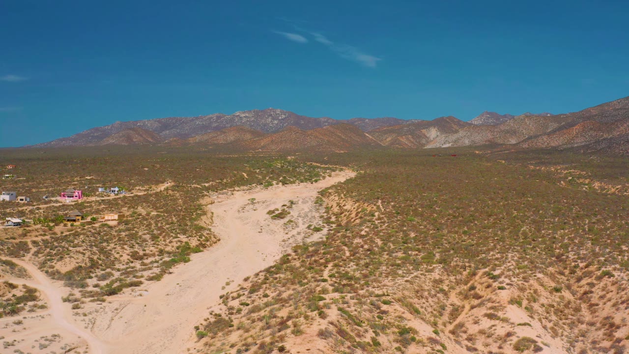 Wide aerial desert view with sandy track, low vegetation, distant mountains, and scattered structures.