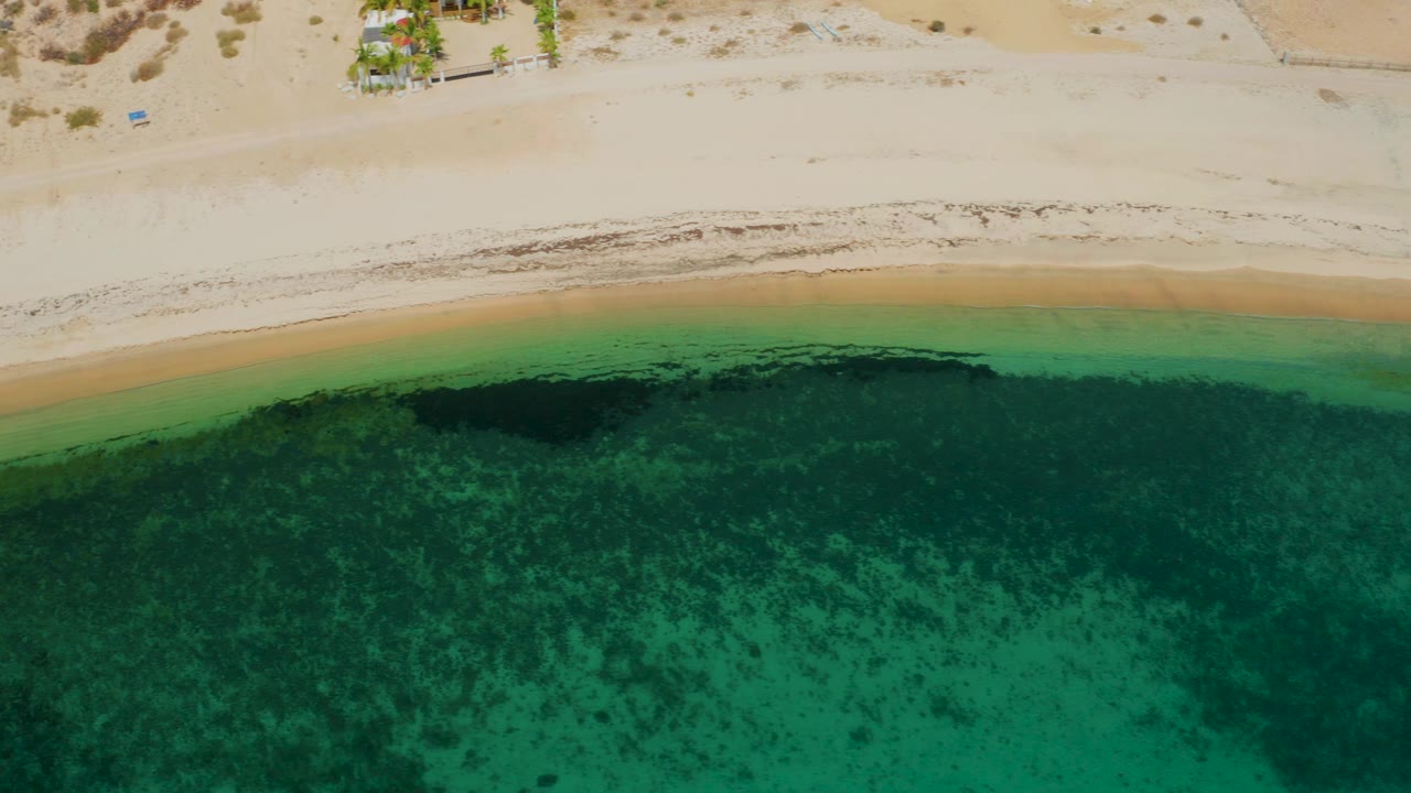 Overhead view in El Sargento La Ventana with pale sand across the top, a thin amber-green shoreline band, mottled seaweed or reef areas under the water, and no visible people.