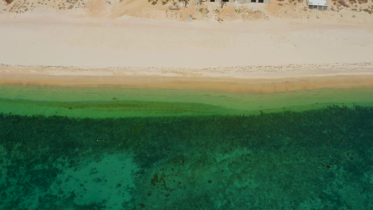 Top-down shoreline with pale sand and green shallow water