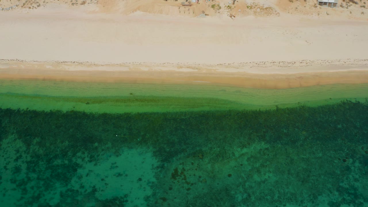 Overhead shoreline frame from El Sargento La Ventana, showing pale beach, a narrow tan wash zone, and green water with mottled darker areas, no visible people.