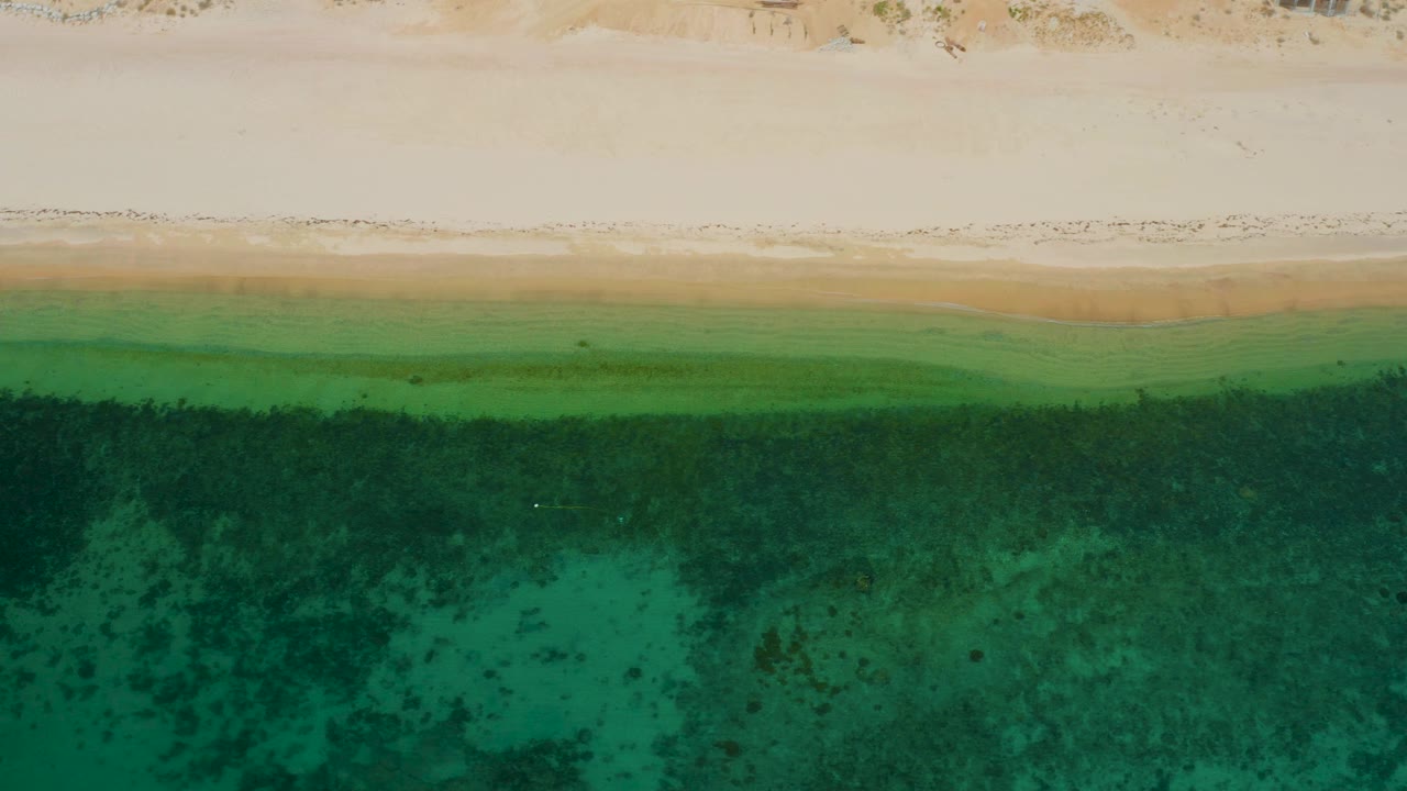 Top-down frame of El Sargento La Ventana coast with a bright sand strip, thin foamy edge, and clear green water filling the lower frame, no visible people.