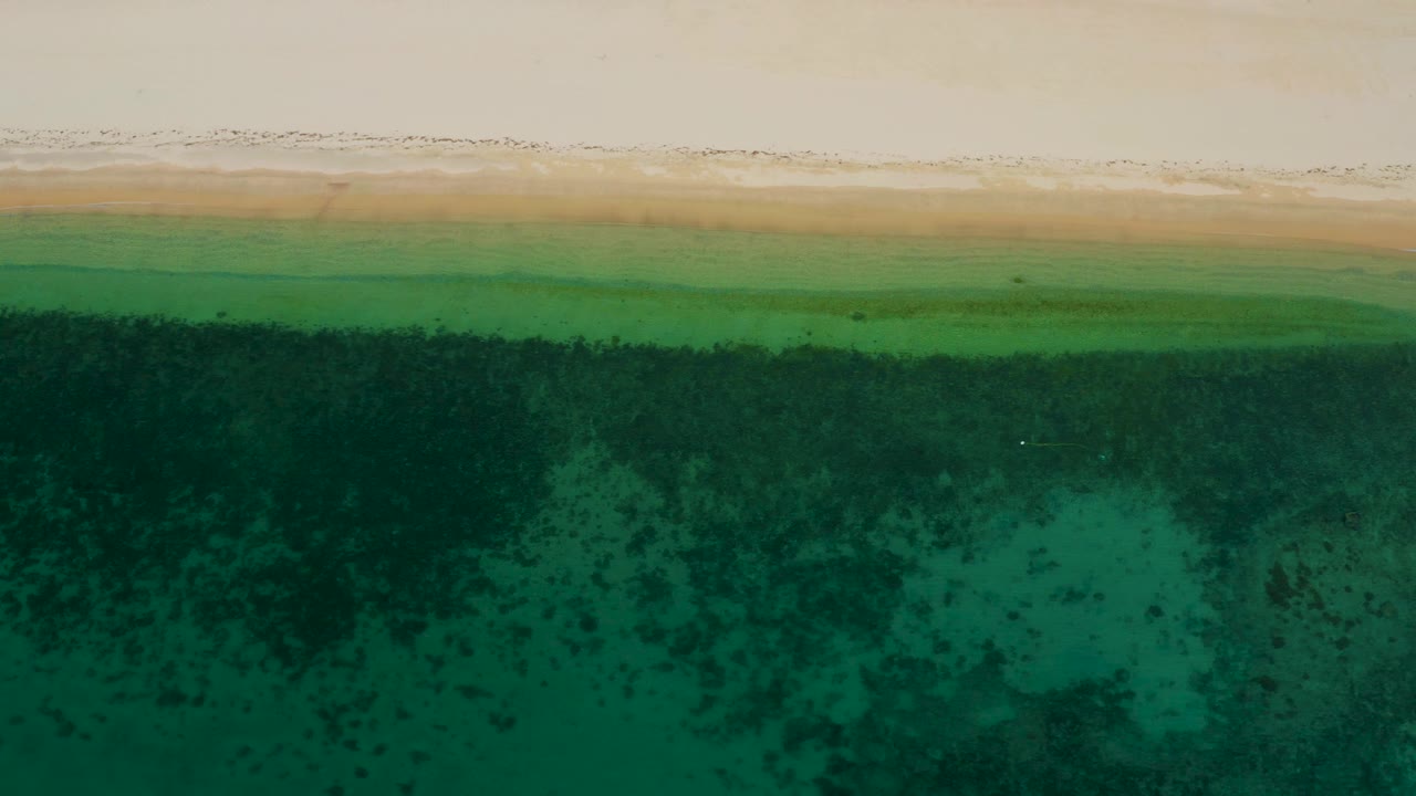 Top-down frame from El Sargento La Ventana, Mexico showing a narrow foamy break on pale sand, translucent green water near shore, darker water texture offshore, and no visible people.