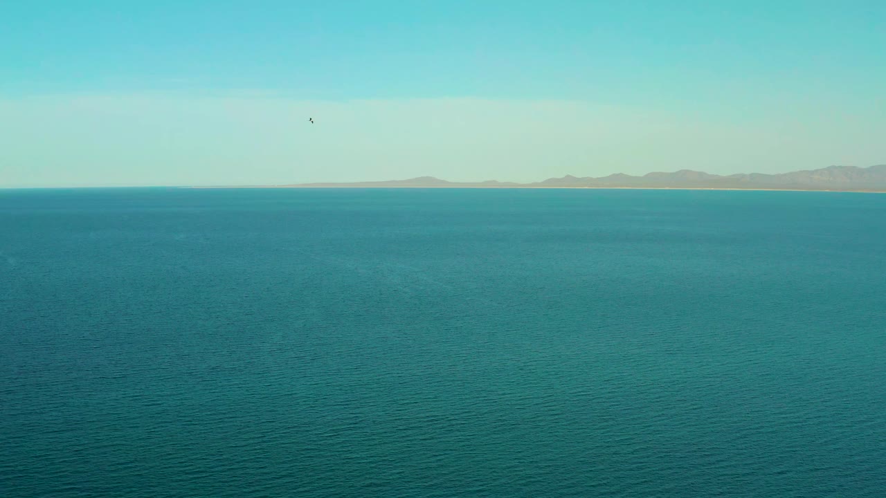 Open blue-green ocean fills the foreground near El Sargento La Ventana, Mexico, with a thin distant coastline, low mountain silhouettes, a small bird above, and no visible people.