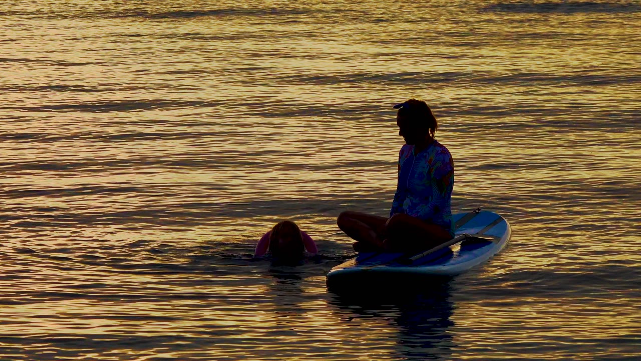 Silhouetted board rider and swimmer with darker foreground water.