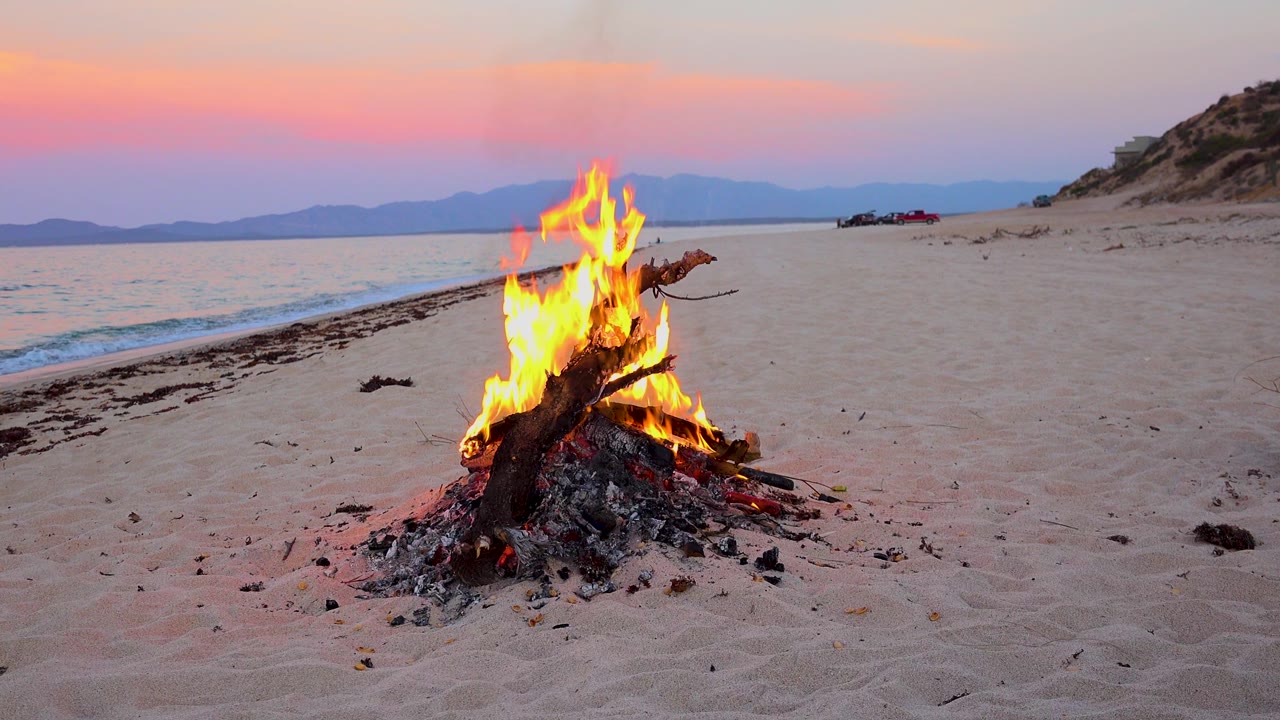 Tall flames rise from driftwood on a beach near the water.